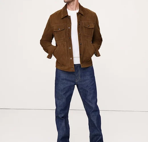 Leather Trucker Jacket for Men Brown Pure Suede Custom Made Size S M L XXL 3XL