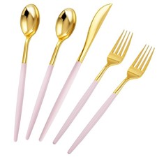 90Pcs Gold Plastic Silverware Gold Plastic Utensils With Pink Handles Include...