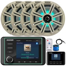 Kicker Marine WB Receiver, 4x 8" RGB LED Speakers, White Grilles, Antenna, Wire