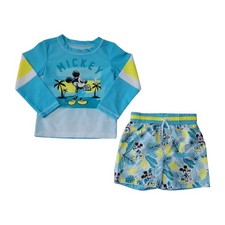 Mickey Mouse Boy's 2 Piece UPF 50 Long Sleeve Rash Guard and Swim Trunk Set