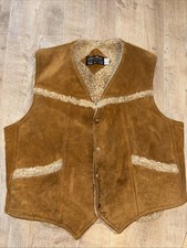 VTG 70s Brill Bros Golden Thread XL Suede Leather Sherpa Vest Pockets Western