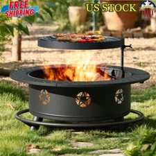 Fire Pit 35 Inch with Lid & Fire Poker, Wood Burning Fire Pits with BBQ Grill