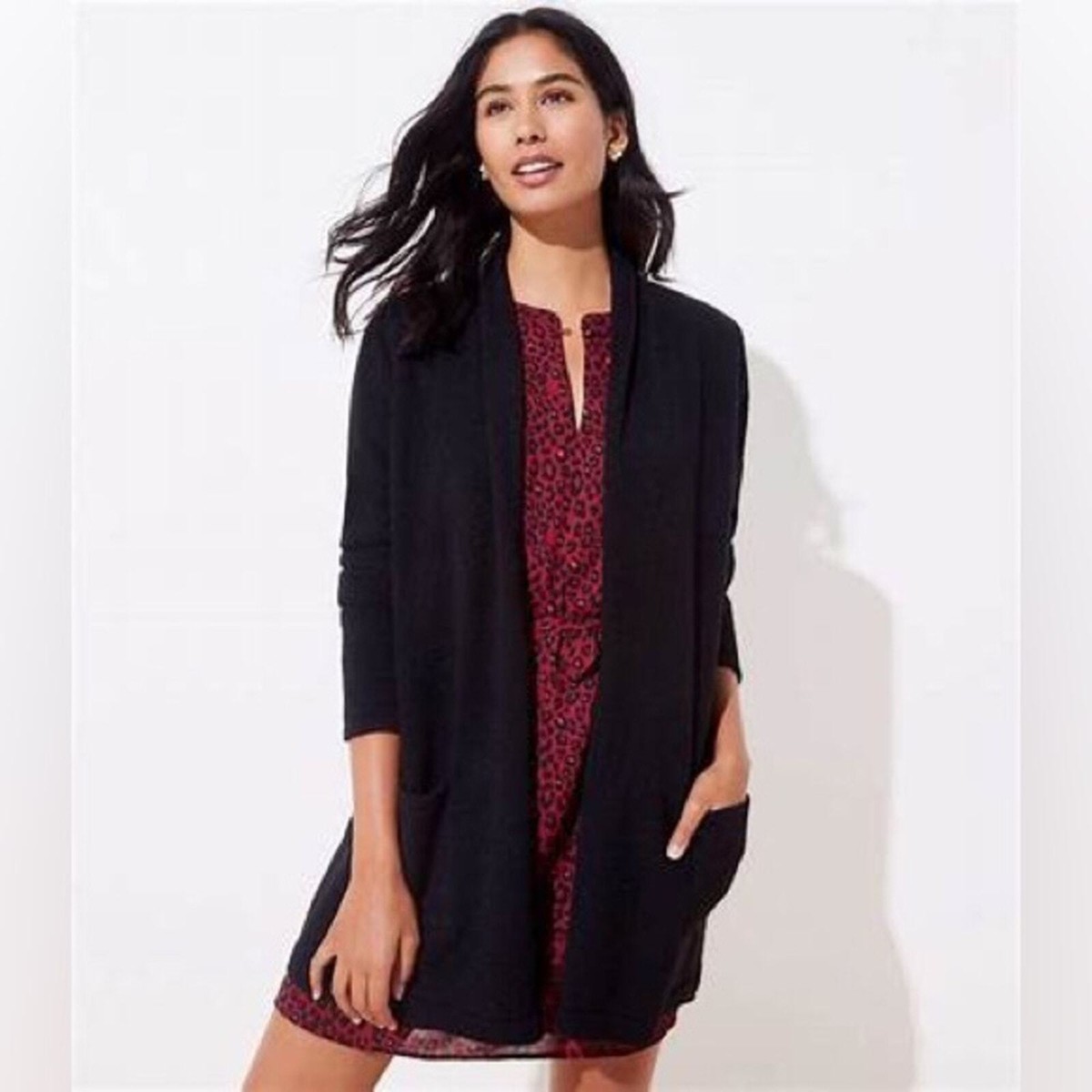 LOFT Black Cotton Cardigan Shawl Collar With Pockets Waffle Weave