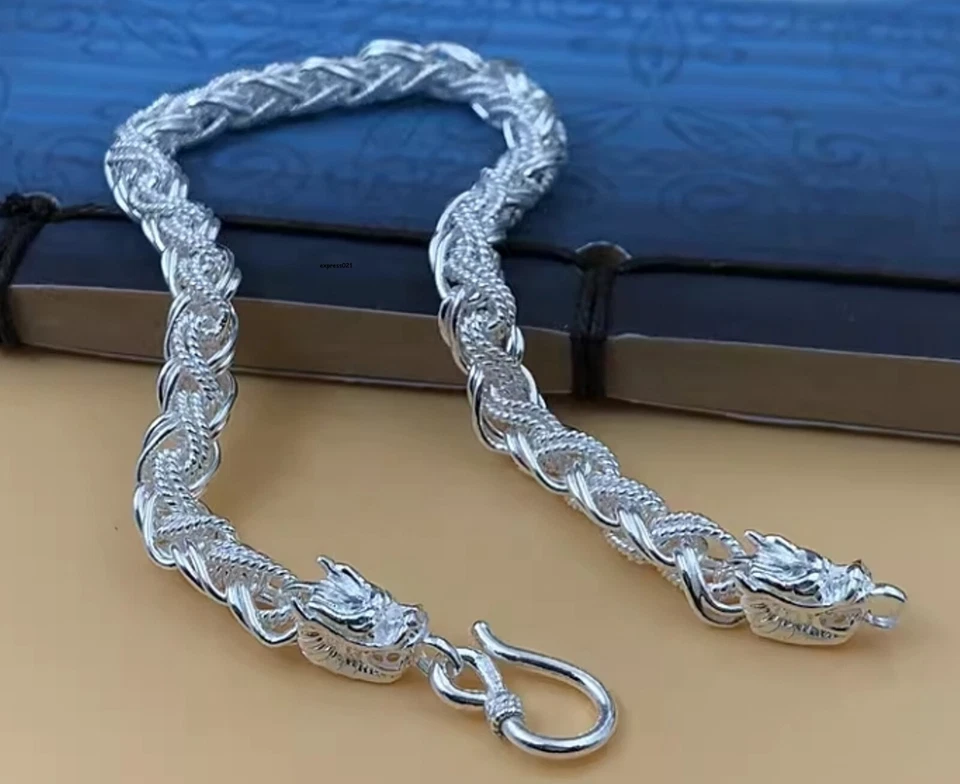 Pure 999 Fine Silver Chain Men Dragon Head Braided Wheat Bracelet 20-21g/8.2inch - Image 2 of 4