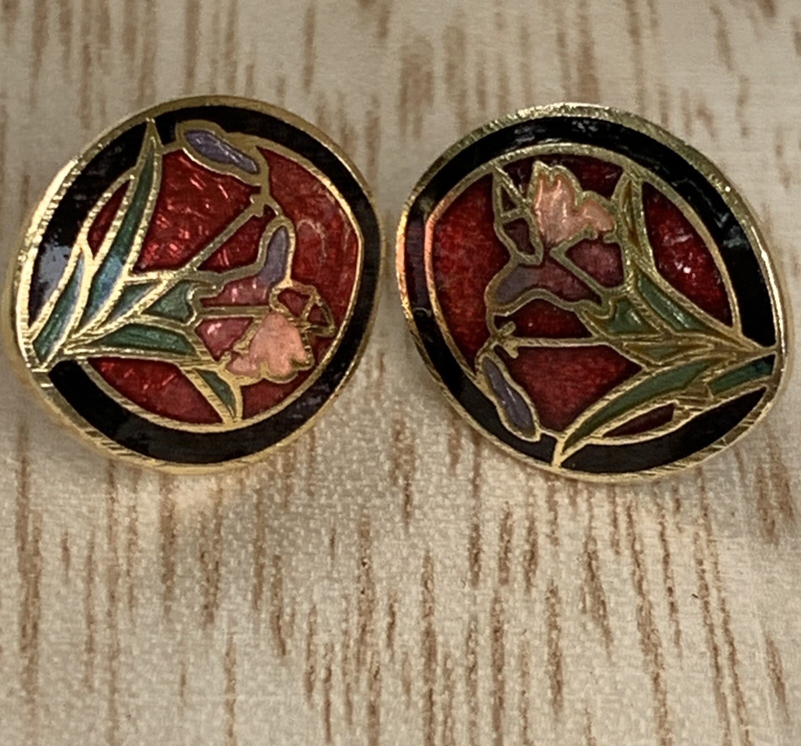 Cloisonne Stud Earrings Red Flower Design Silver Ear Posts-image