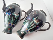 PAIR of 19c Japanese Fine Wire Kyoto Cloisonné Ginbari Block Lilac Wine Pots