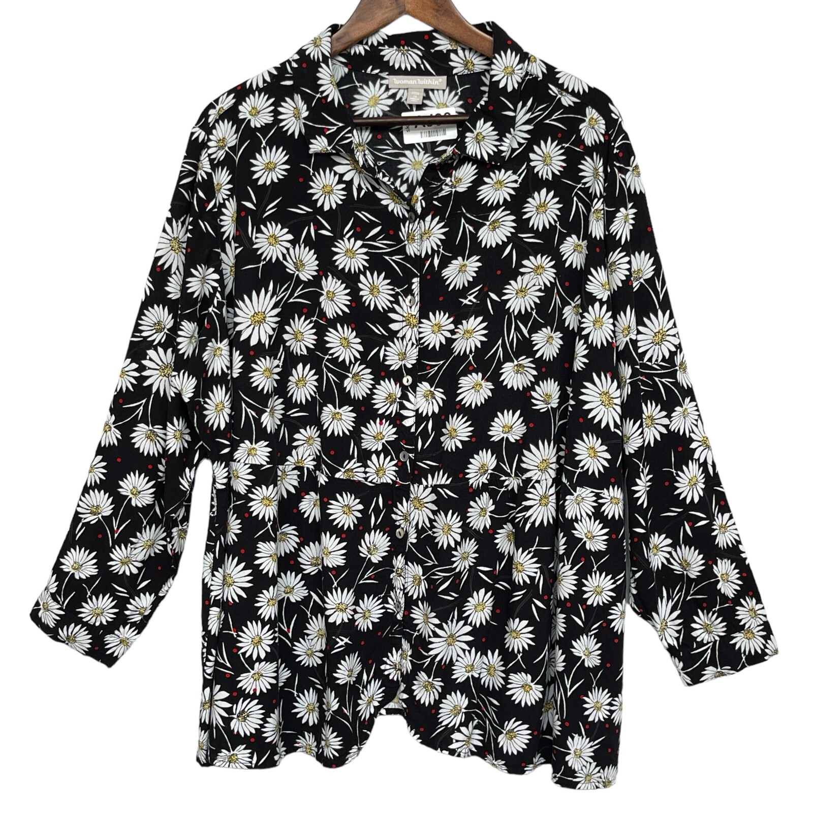 Woman Within Button Up Top Women Size 1X Black Floral Collared Rayon Long Sleeve