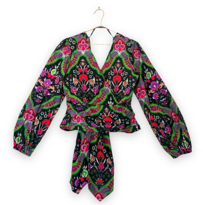 Anthropologie schwarz Print V-Ausschnitt Wickel Top Gr. M von Conditions Apply offener Rücken