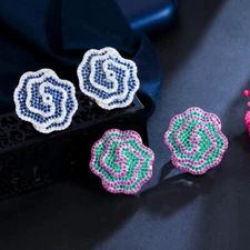 Unique Design Blue Flower Cubic Zirconia Stud Earrings Silver Plated Bridal Gift