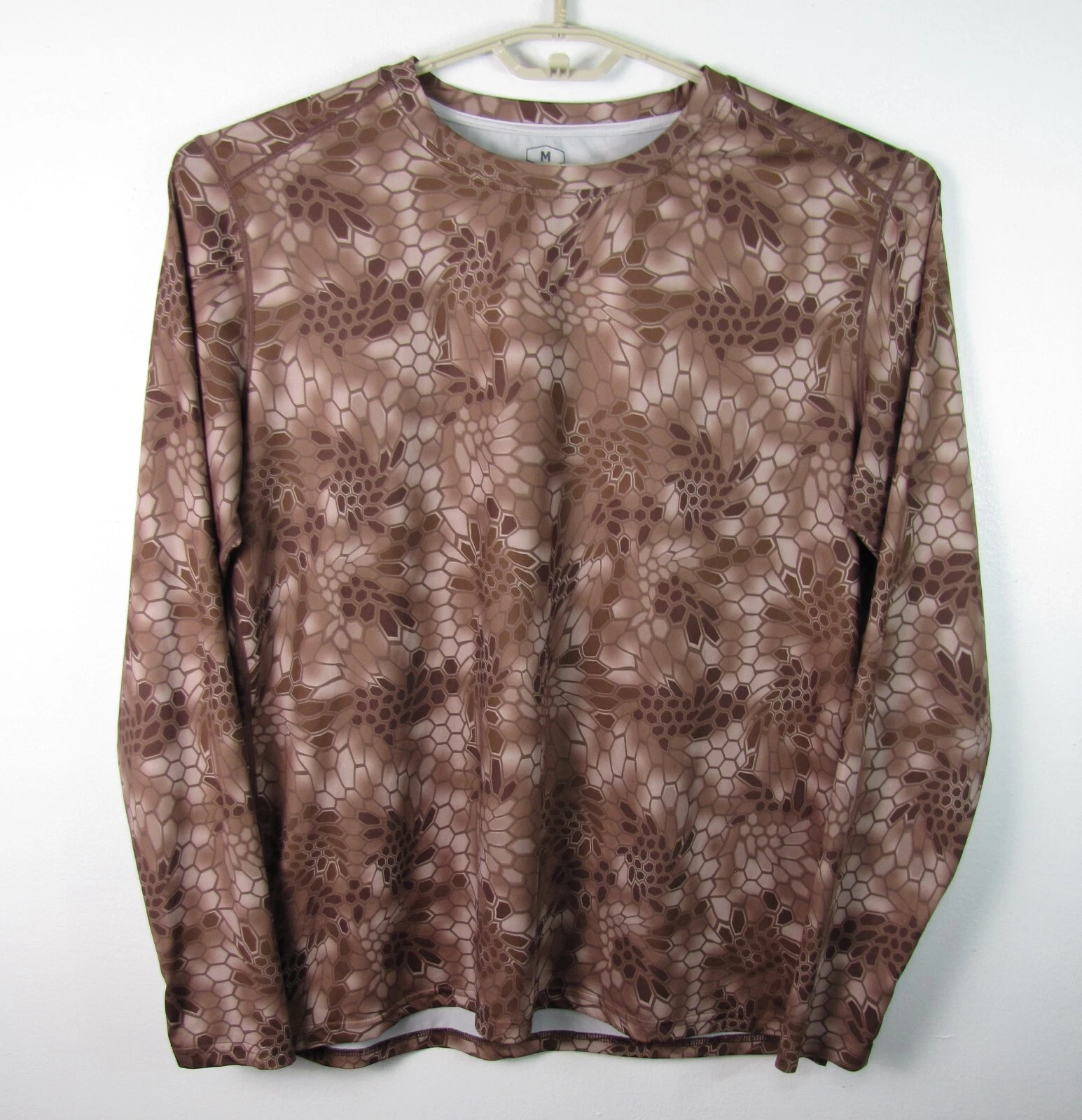 KOOFIN Men's Medium Brown Abstract Print Long Sleeve Crew Neck Fishing Shirt