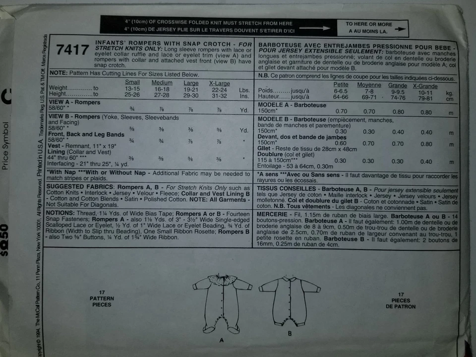 McCall's 7417 Romper One Piece Outfit Sewing Pattern Infants S M L XL Boy Girls - Image 4 of 4