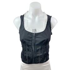 With Jean Black Lace Trim Pintucked Corset Bustier Zip Up Cami Tank Crop Top M