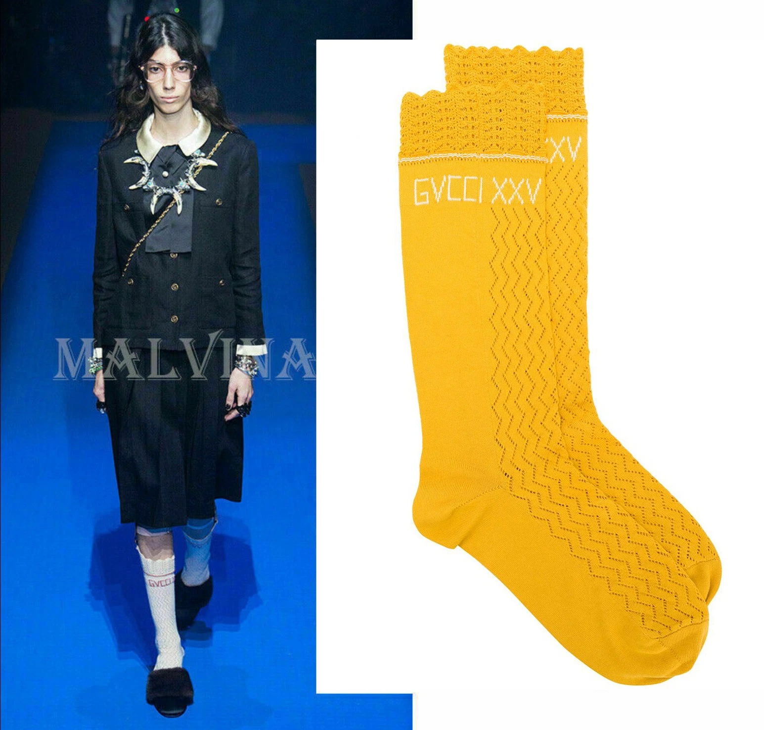 GUCCI SOCKS DRESS XXV KNITTED COTTON CROCHET SCALLOP TOP EMBROIDERED LOGO $390 L