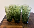 6 Vintage Anchor Hocking Milano Green 6.5" Crinkle Glass Tumbler Avacado