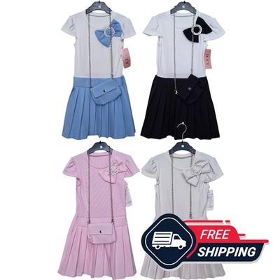 Girls Kids Baby Dress Bow Party Princess Wedding Travel Dress Bag Belted Set UK