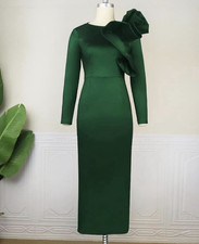 Women's Green Solid Crew Neck Long Sleeve Ruffle Sheath Midi Dress L