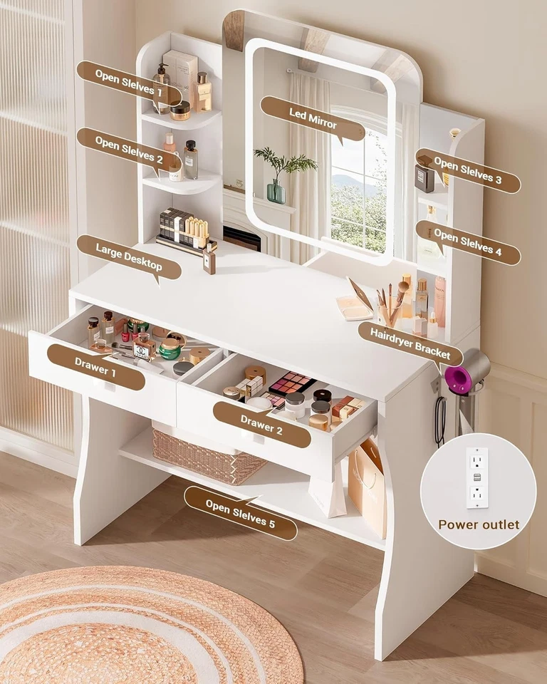 Espejo LED inteligente para tocador de maquillaje pequeño, estante para secador de pelo, toma de corriente Foto 2 de 4