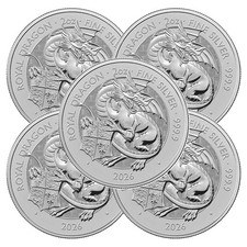 Lot Of 5 - 2026 U.k. 5 Pound 2 Oz Silver Tudor Beast Royal Dragon Bu