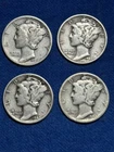 1939 S, 1940, 1941 & 1942 D Mercury Dimes 90% Silver Circulated