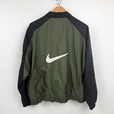 Vintage 90s Nike Big Swoosh Track Jacket Mens L Green Black Full Zip Windbreaker