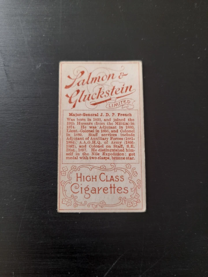 SALMON & GLUCKSTEIN HEROES OF TRANSVAAL WAR - MAJOR J D P FRENCH CIGARETTE CARD - Image 3 of 4