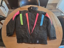 Vintage Down Feather Puffer Ski Coat With Classic 80s Neon Stripes Nice