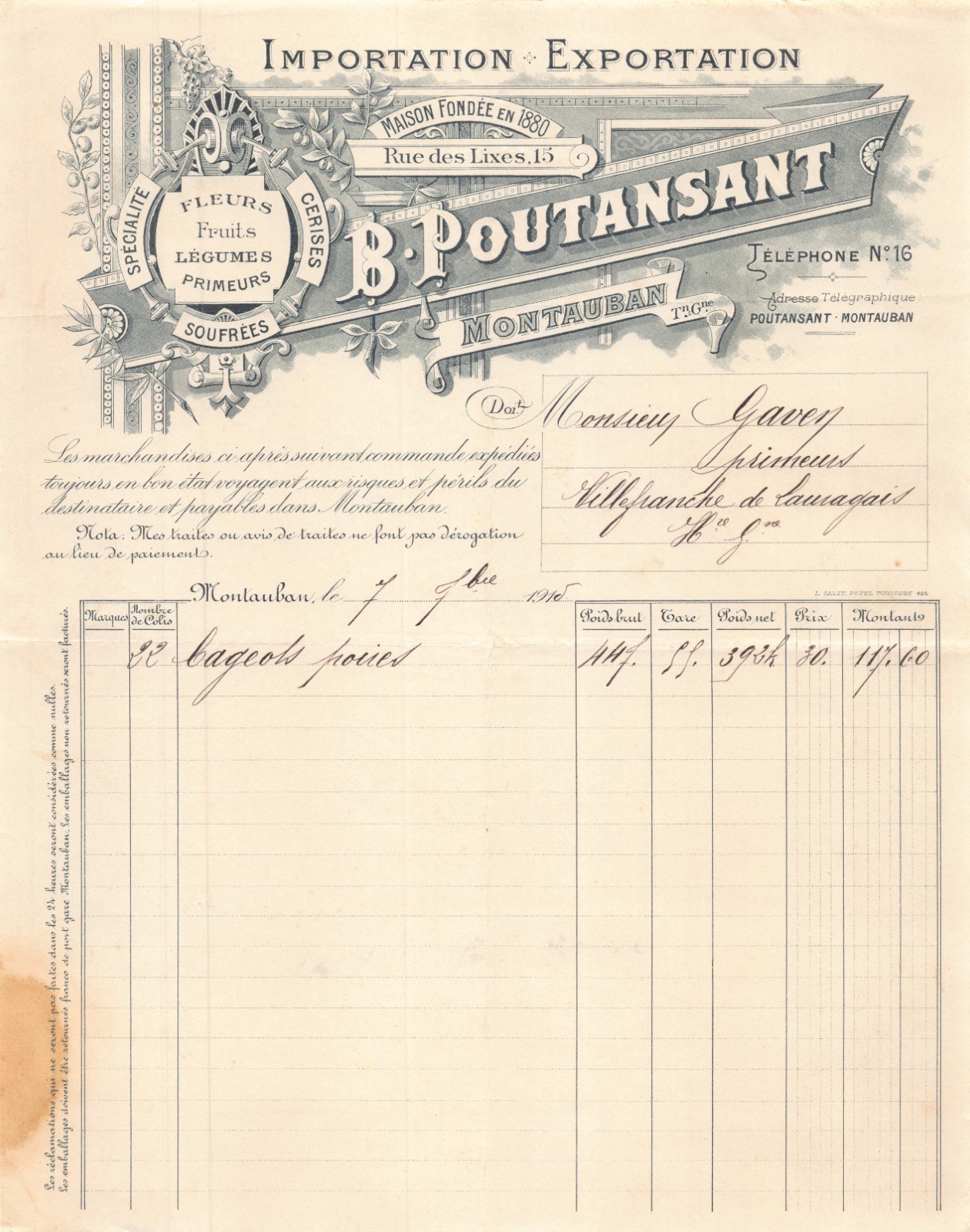 Factura Ilustrada 1916 B. Poutansant – Frutas Y Verduras Frescas – Montauban-82