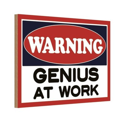 Holzschild 12x18 cm Warning Genius at work Warnschild Hinweisschild Deko Geschen