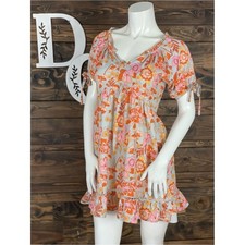 Bohemian Babydoll Floral Ruffle Dress Pink & Orange Baby Blue Tassel Tie Front