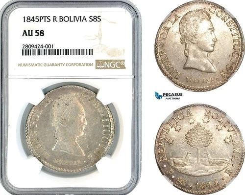 AK879, Bolivia, 8 Soles 1845 PTS R, Potosi Mint, Silver, NGC AU58, Looks better!