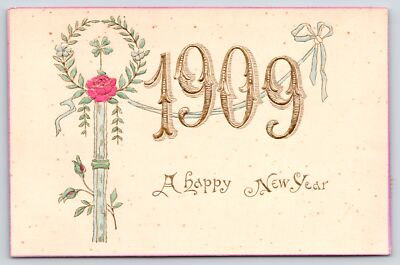 New Year~Delicate Red Rose & Laurel Wreath~Large Gold Number 1909~Embossed PC