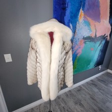 White/gray Super Thick Fox Fur Hooded Coat W/ Matching Fox Fur Muff.