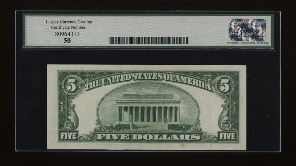 DBR 1934-B $5 FRN Minneapolis Vinson Fr. 1958-I Legacy AU-50 Serial I17604135A - Image 2 of 2