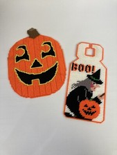 VTG Halloween Plastic Needlepoint Witch  JOL Canvas Door Hanging Decoration Lot