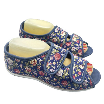 Unbranded Women Blue Floral Print Size 8 M Comfort Hook Loop Adjust Open Toe