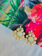 Christian Dior Vintage 1957 Light Green Yellow Pearls Crystals Flower, Earrings