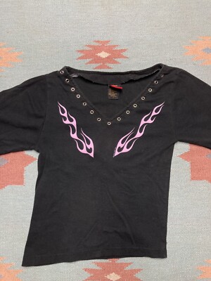 トップス HARLEY-DAVIDSON flame Y2K Vintage Harley Davidson flames womens top shirt y2k pink black hot