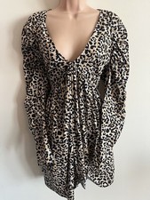 ASOS size 10 beige leopard print dress summer holiday floaty Long Sleeves Black