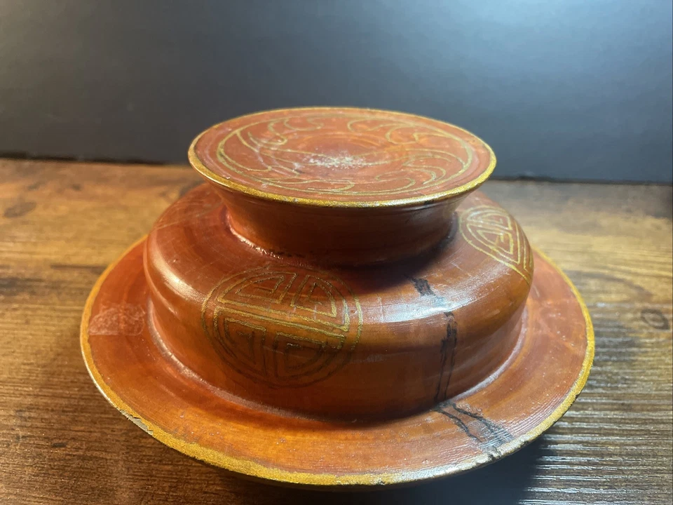 Tigela Tsampa Tibetana Antiga com Tampa, Madeira Tornada, 6,75 X 7" Pátina Rica  - Imagem 3 de 4