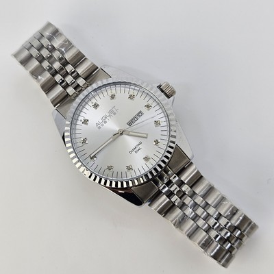 August Steiner Men's Watch Diamond Hour Markers Gray Bracelet Band Day Date 8.5''