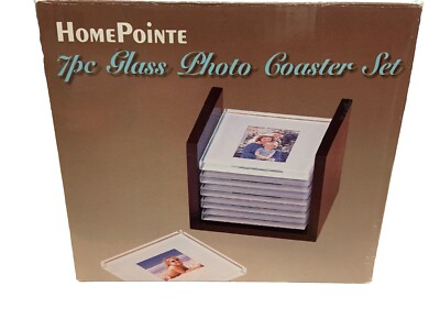 HomePointe 7pc Glass Photo Coaster Set NIB Vintage Brown Wood Holder Great Gift