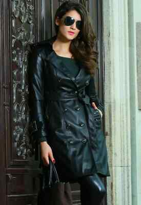 Women's Trench Coat Genuine Stylish Black Leather Handmade Lambskin Wear Soft