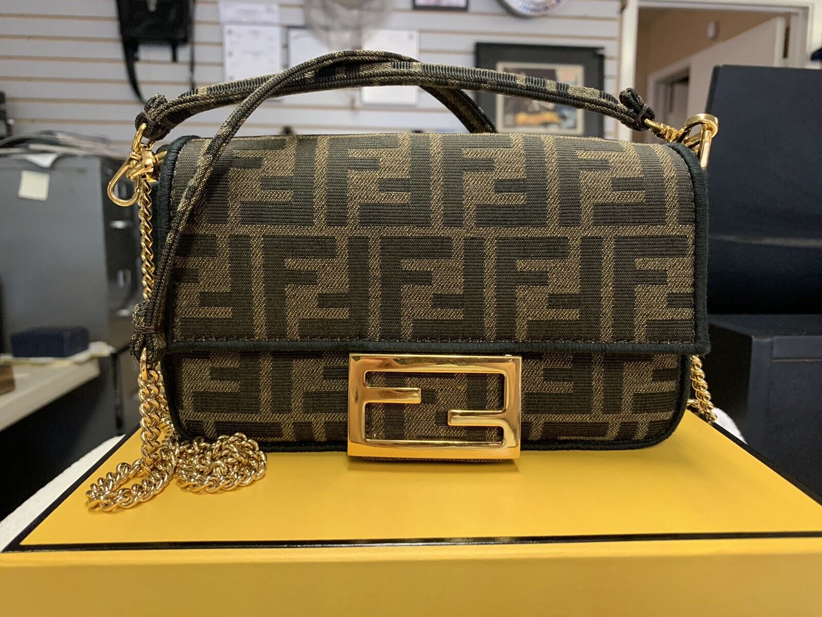 Fendi FF Logo Mini Baguette Brown Fabric Bag