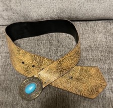 Bohemian Western Tooled Faux Leather Wide Faux Turquoise Belt Sz 34