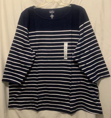 Croft & Barrow 3X Navy & White Stripe Knit Top, boat neck, 3/4 sleeves - NWT