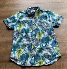 Men's Free Planet Green/Blue Tropical leaves  Button Down Shirt Size Medium