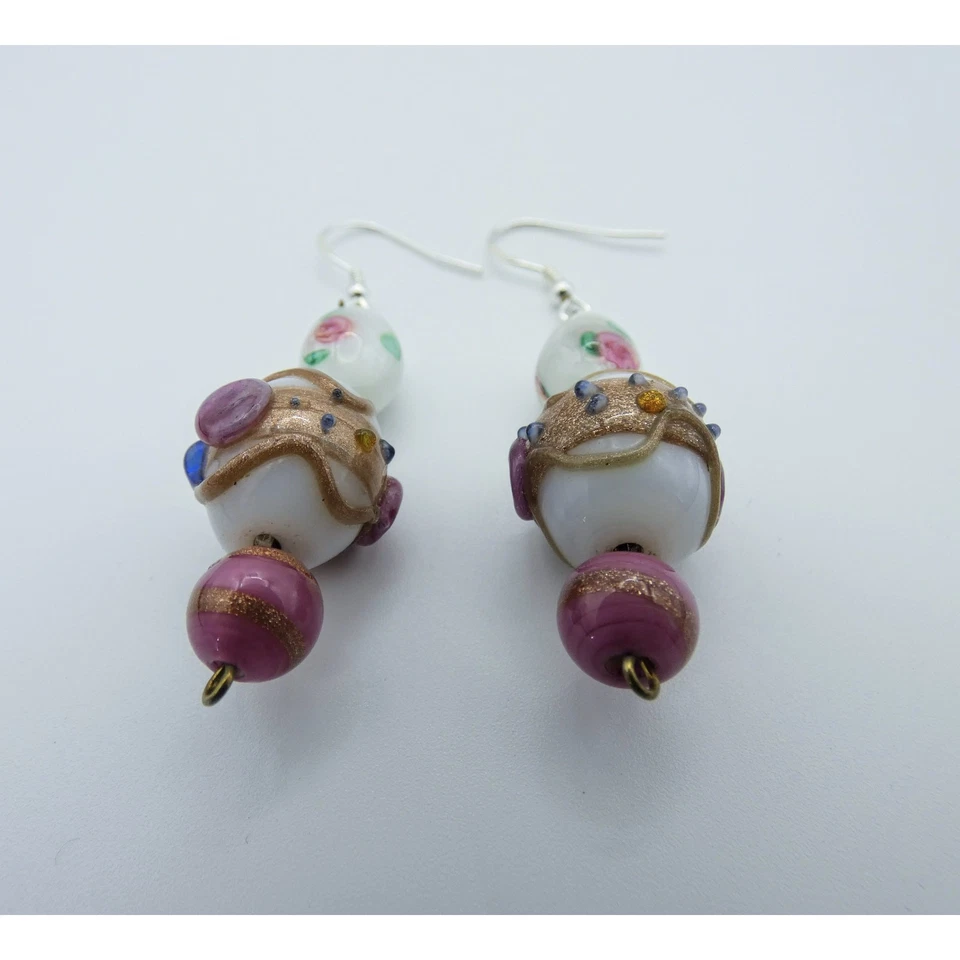 Vintage Murano Glass Pink White Earrings Wedding Cake Beads Bohemian Jewellery - Image 4 of 4