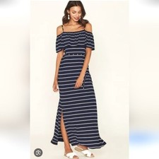 Halston Navy Stripe Maxi Off Shoulder Dress Size 8