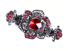 Rhinestone Metal Hair Claw on Dual Spring Black Vintage Rose Shaped Red