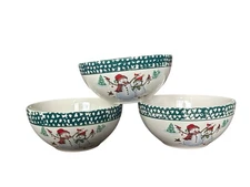 Thomson Pottery Winterland Green Holiday Snowman Bowls 6” x 2.75” Set of 3